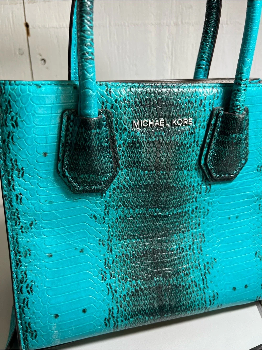 Michael Kors Teal Turquoise Snake-Embossed small handbag purse with strap MK bag - Picture 3 of 8